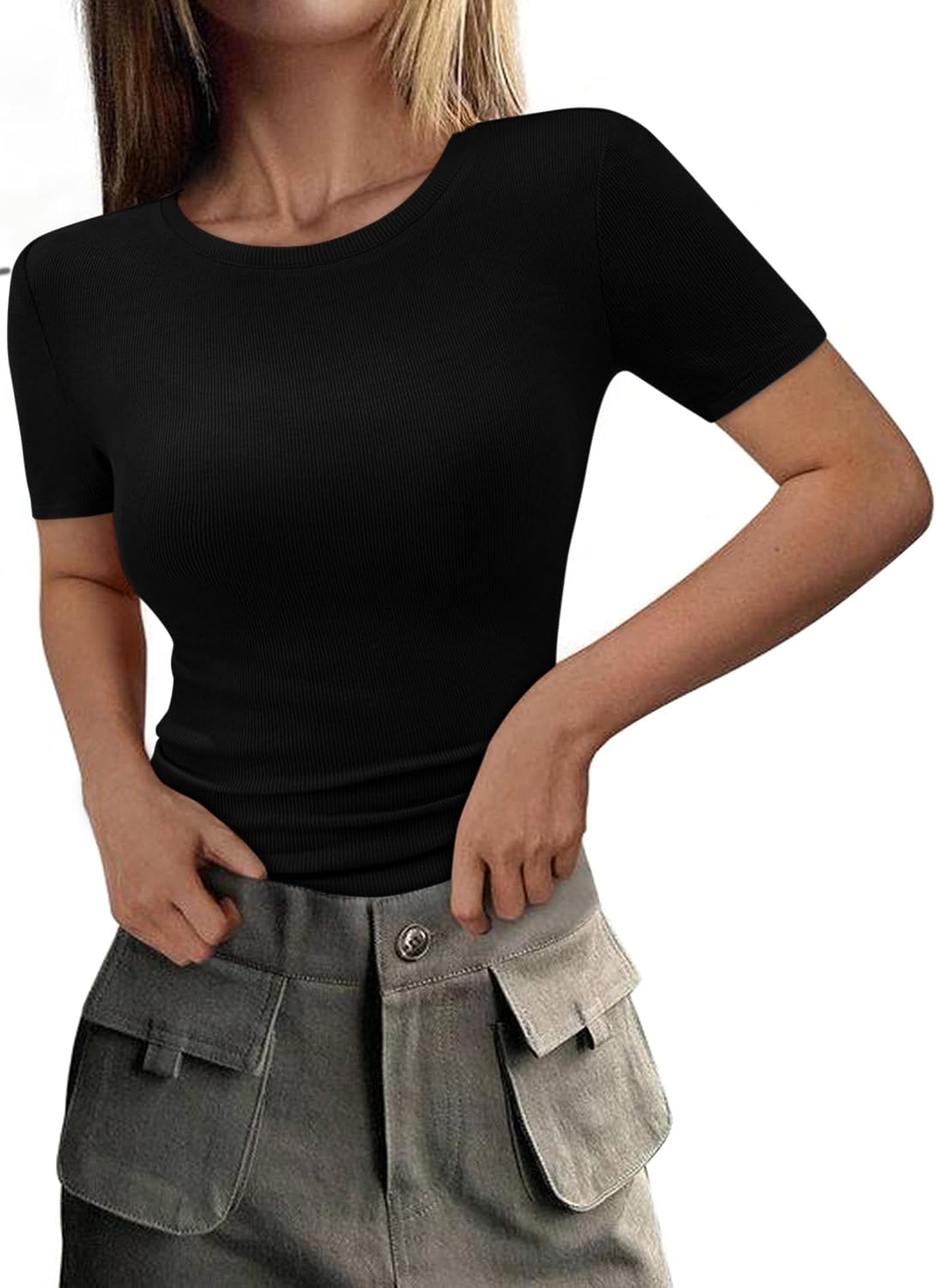 PRETTYGARDEN Women 2026 Summer Crew Neck Short Sleeve Tops Ribbed Knit Slim Fit Fashion Basic Tee Shirts Casual Going Out Top