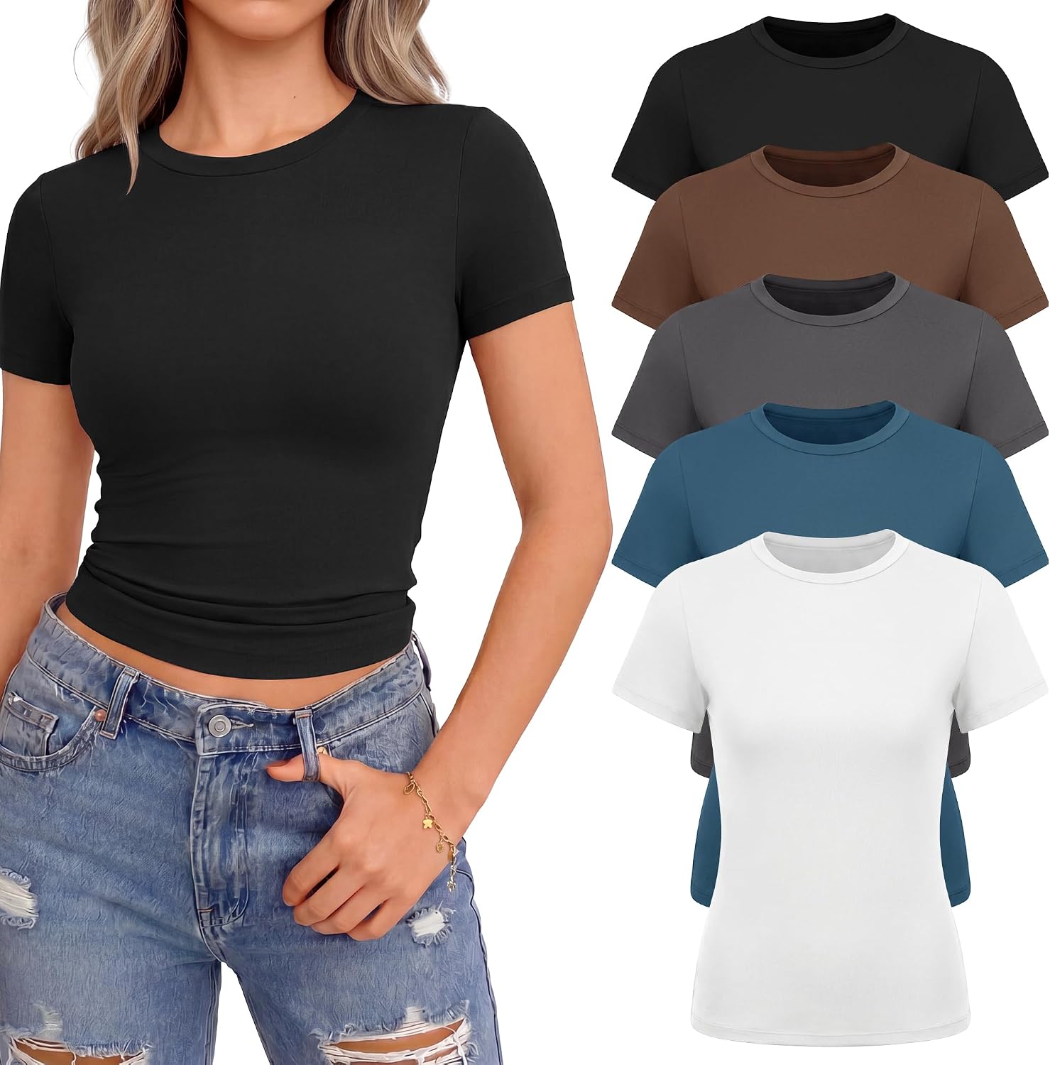 NexiEpoch 5 Pack T Shirts for Women – Crew Neck Short Sleeve Crop Tops Plain Casual Basic Tees Fitted Clothes Cute Y2K Outfit