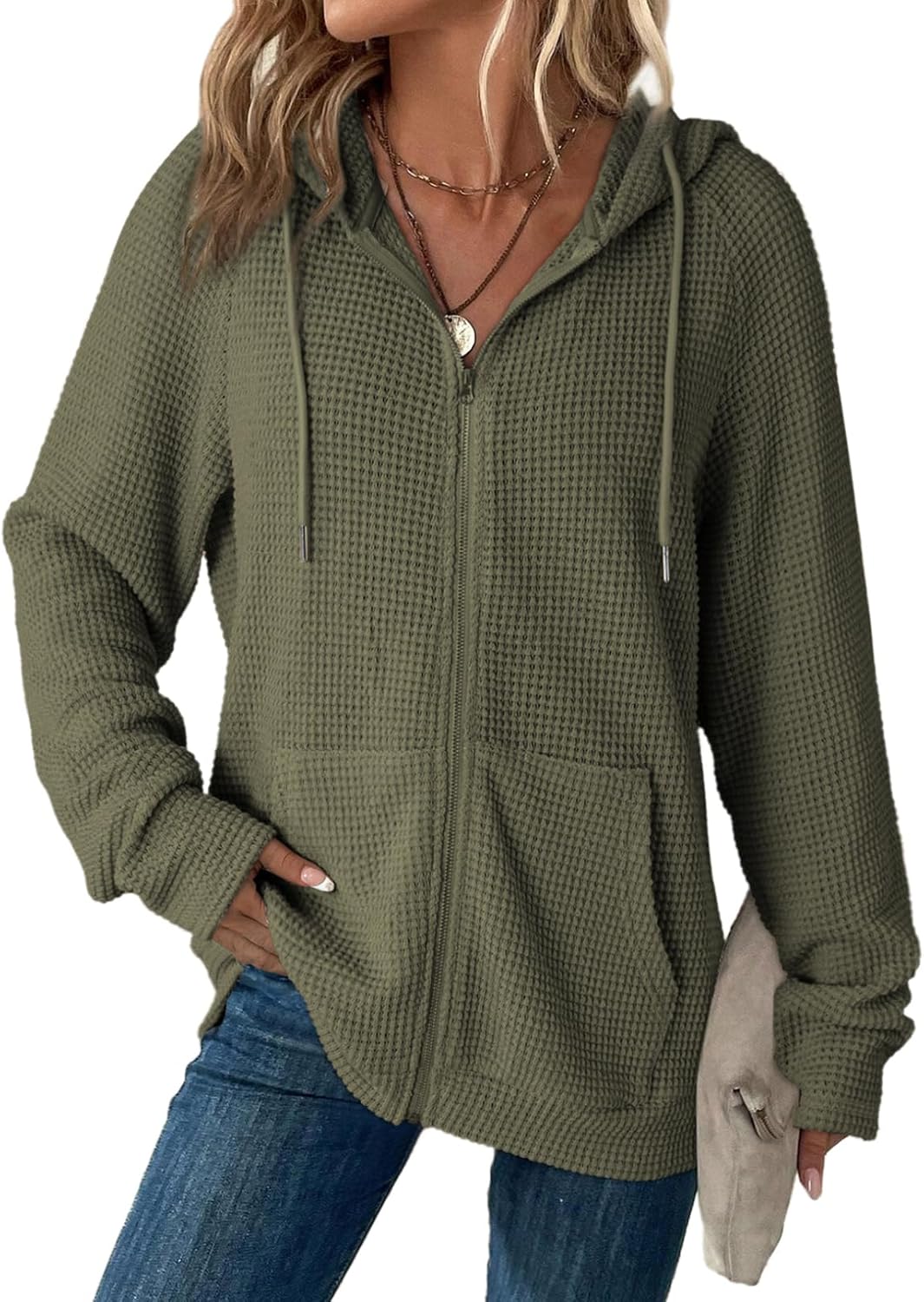 Dokotoo Women’s Full Zip Up Hoodies Waffle Knit Long Sleeve Drawstring Casual Sweatshirt Hooded Tops