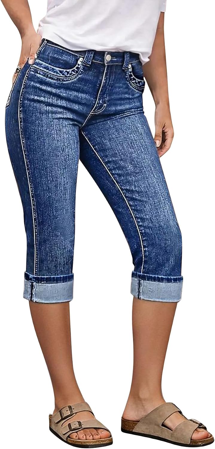 Flamingals Mid Rise Capri Skinny Jeans for Women Wash Casual Roll Hem Slim Fitted Trendy Crop Denim Jeans with Pockets