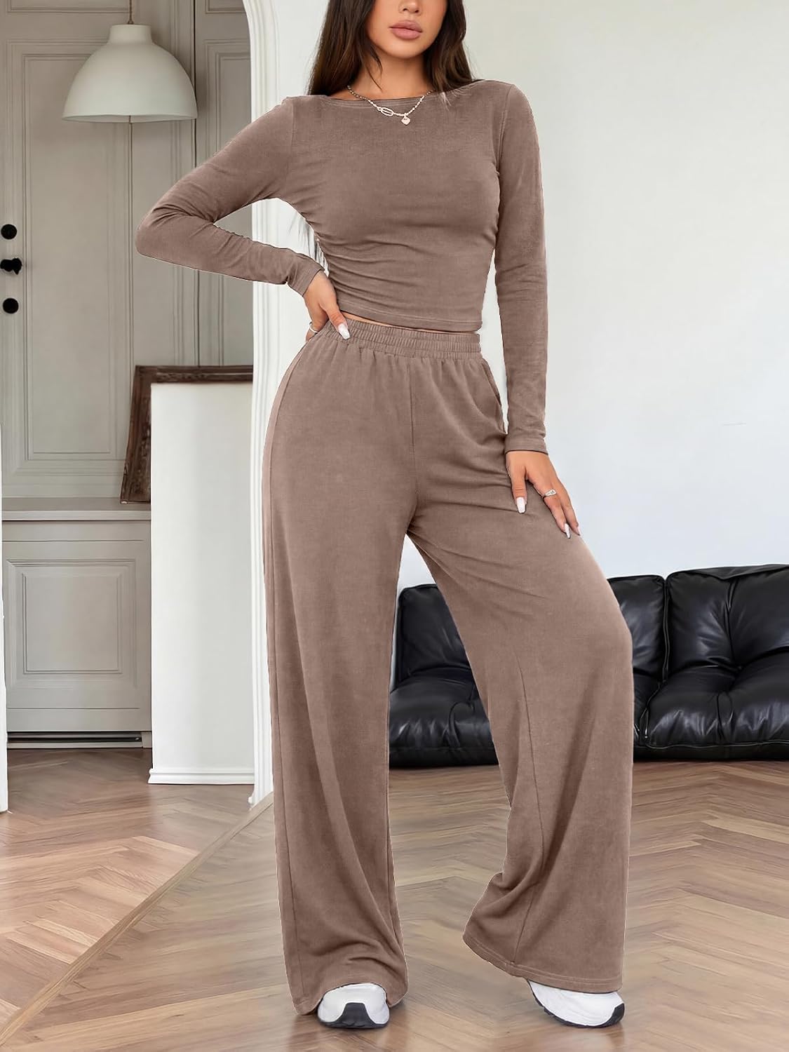Women’s Lounge Pajamas Set, Long Sleeve Ruched Top, High Waisted Wide Leg Palazzo Pants, Loungewear Pajamas Pjs