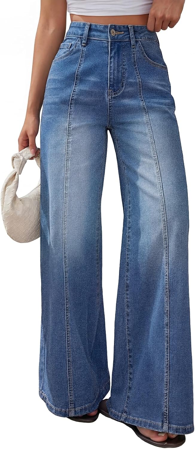 Trendy Queen Women’s Wide Leg Baggy Jeans High Waisted Denim Pants Front Seam