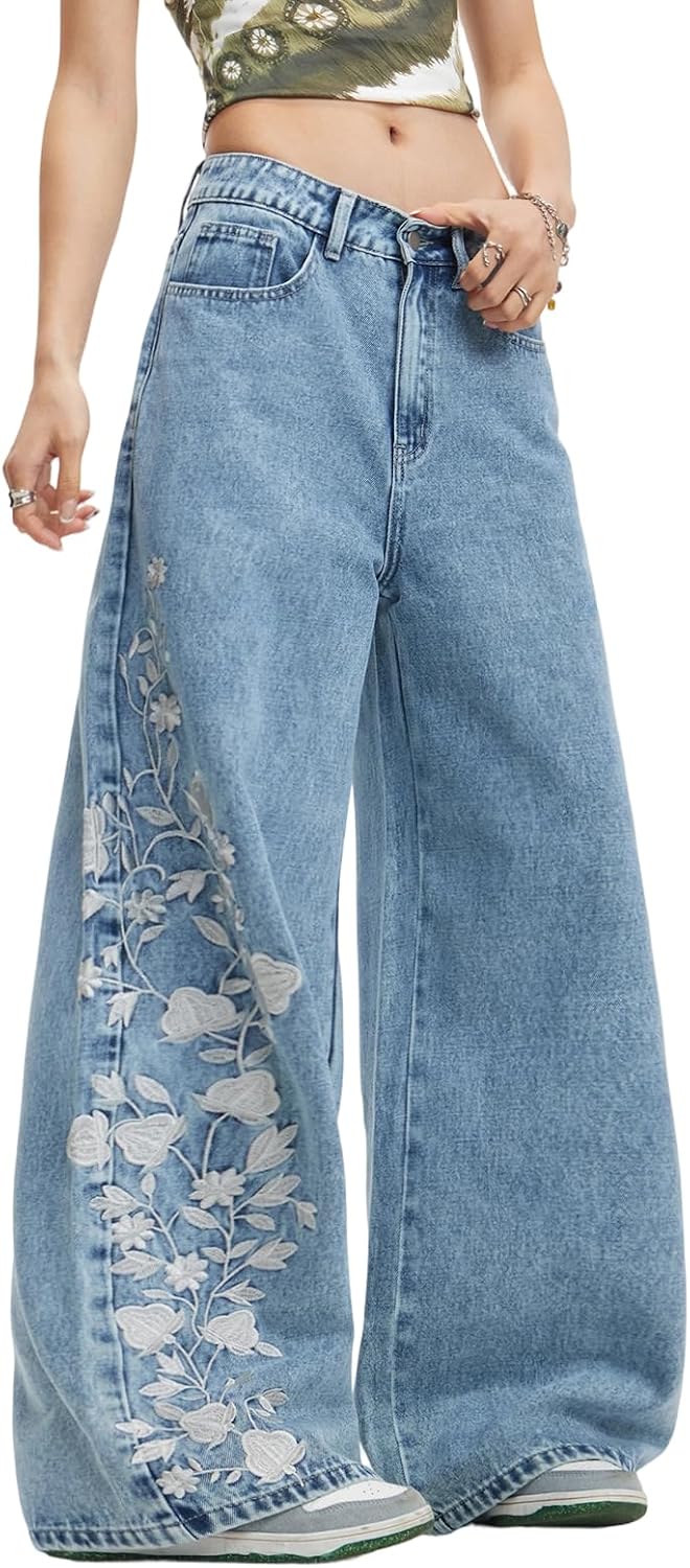 Women’s Wide Leg Baggy Jeans Trendy 2026 Denim Pants Vintage Hip Hop Loose Fit Long Trousers Streetwear