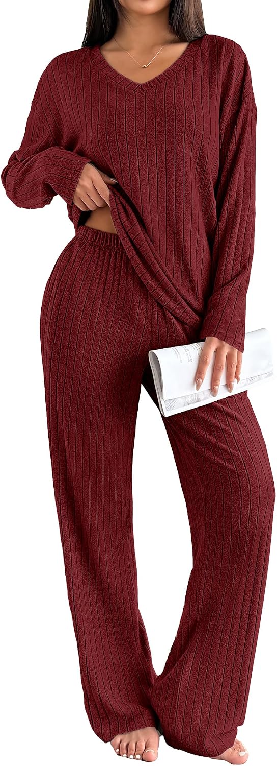 Ekouaer Lounge Sets for Women Long Sleeve Knit Ribbed Pajama Sets 2 Piece Casual Loungewear with Pockets