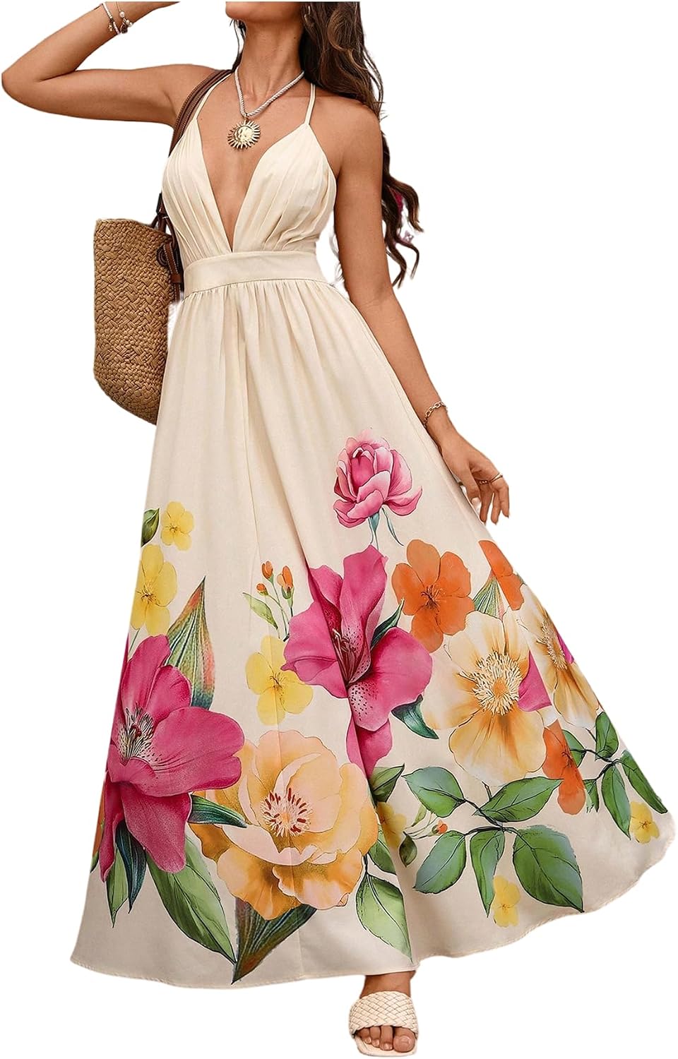OYOANGLE Women’s Floral Sleeveless Boho Maxi Dress Deep V Neck Criss Cross Backless Beach Vacation Sundress