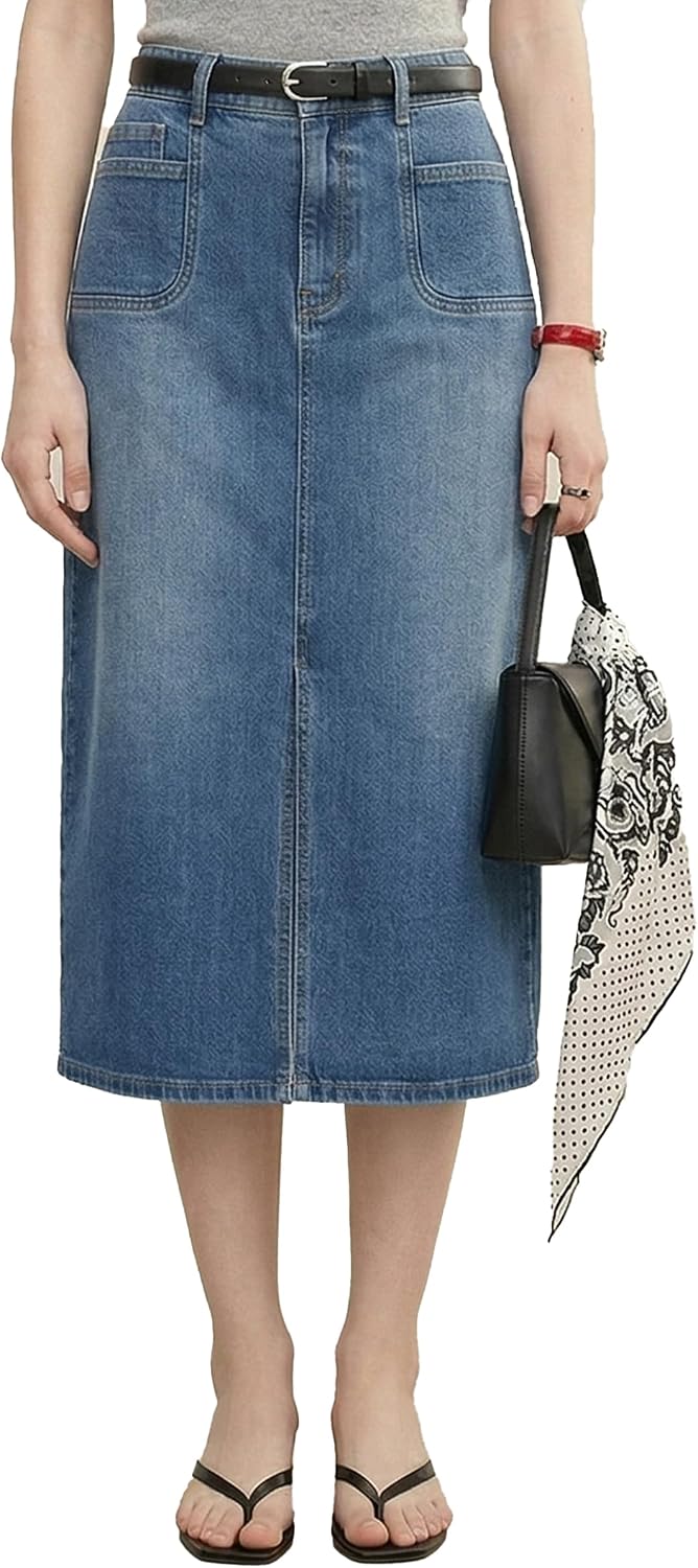 Midi Denim Skirts for Women Long Stretch Casual High Waist Below Knee Pencil Jean Skirt with Slit