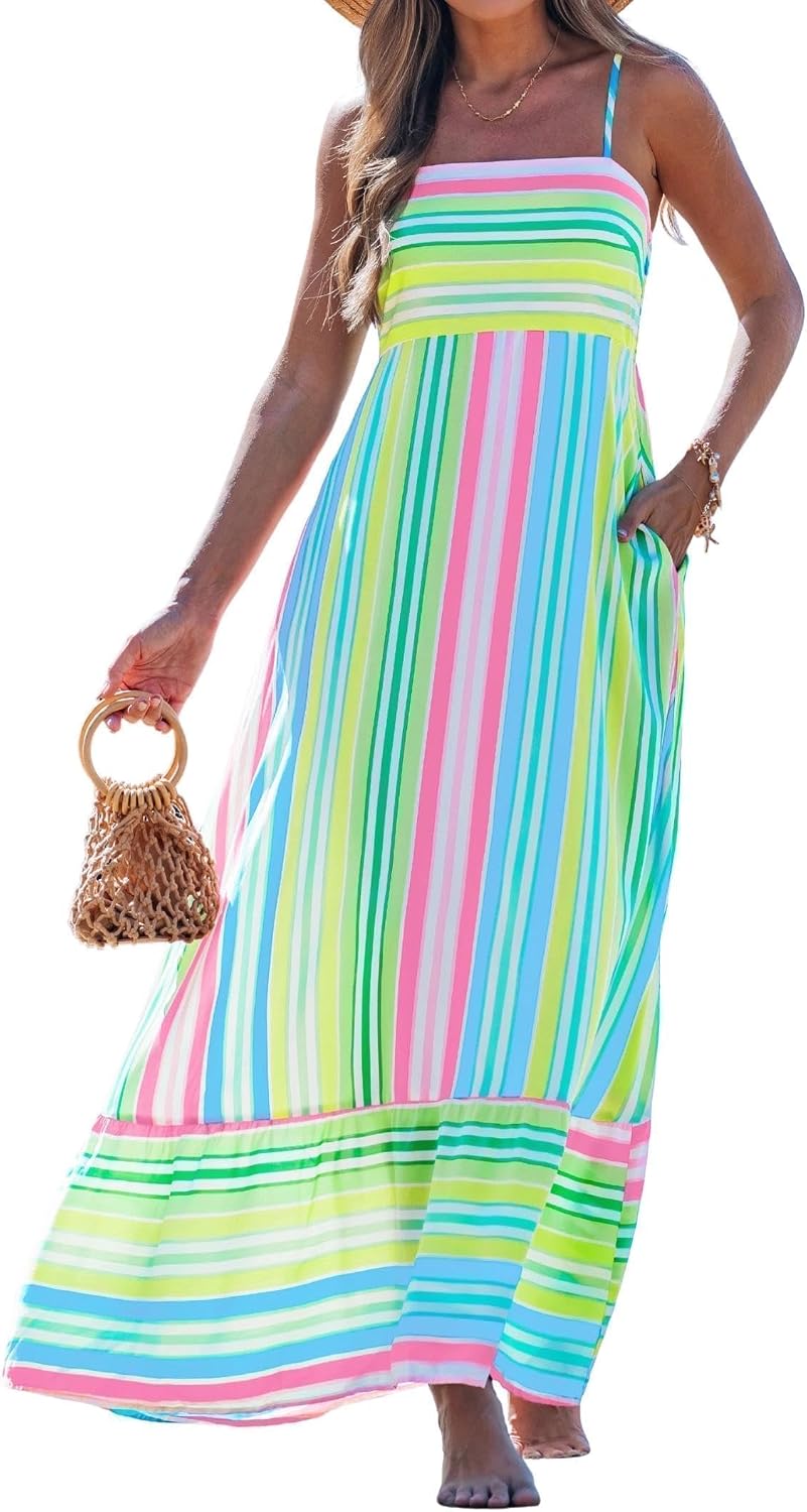 popvil Women Summer Maxi Dress 2026 Spaghetti Strap Long Beach Dress Boho A-Line Flowy Casual Sleeveless Sun Dress