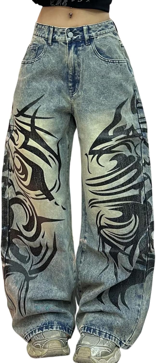 Baggy Jeans for Women Wide Leg Vintage Y2K 90S Hip Hop Boyfriend Print Loose Casual Denim Pants Streetwear