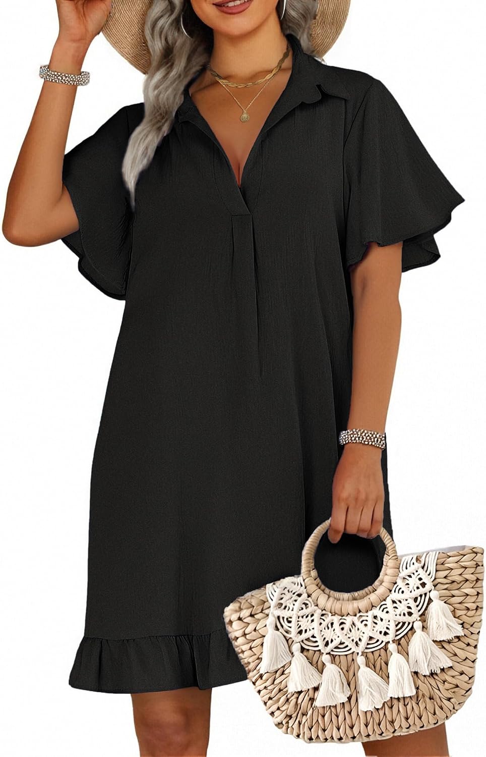 AI’MAGE Womens Swimsuit Coverup Short Sleeve Beach Bathing Suit Cover Up Swimwear Flowy Ruffle Bikini Dress Shirt