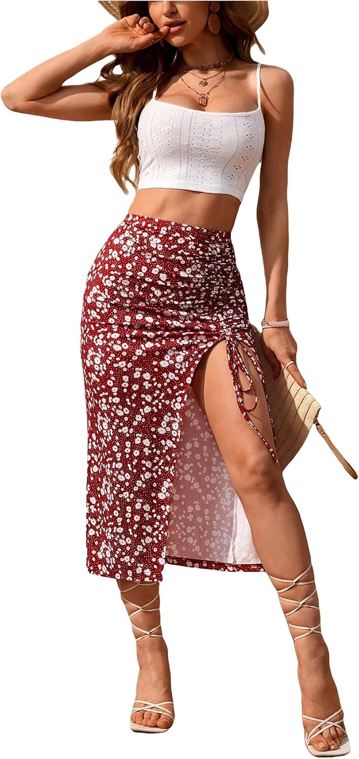 SOLY HUX Women’s Summer Two Piece Outfits Cami Tops and Floral Print Drawstring Split Skirt Set
