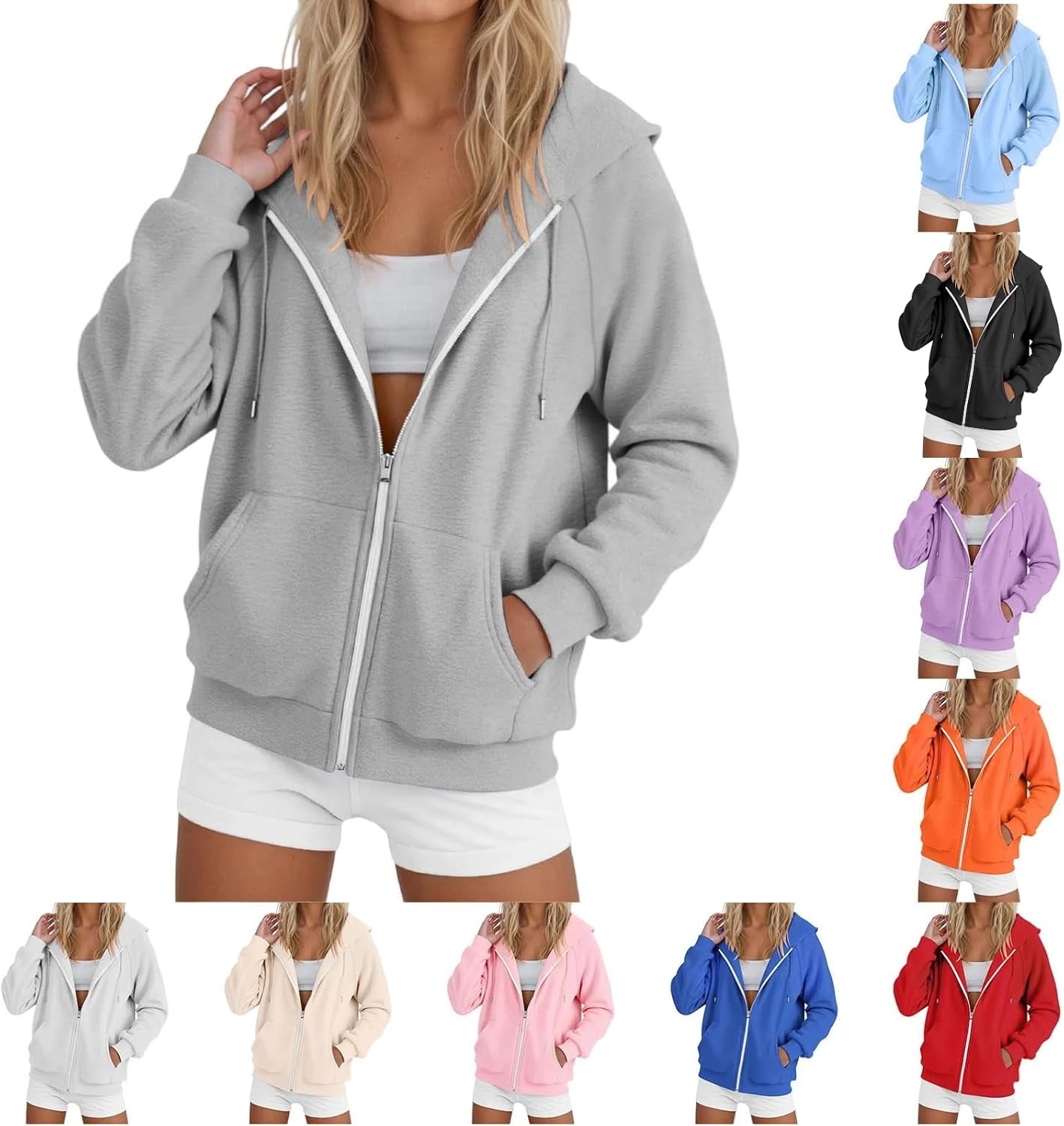 Zip Up Hoodie Women Lightweight Jacket Oversized Sweatshirt Solid Color Fall Clothes Long Sleeve Loose Fit Cute Tops