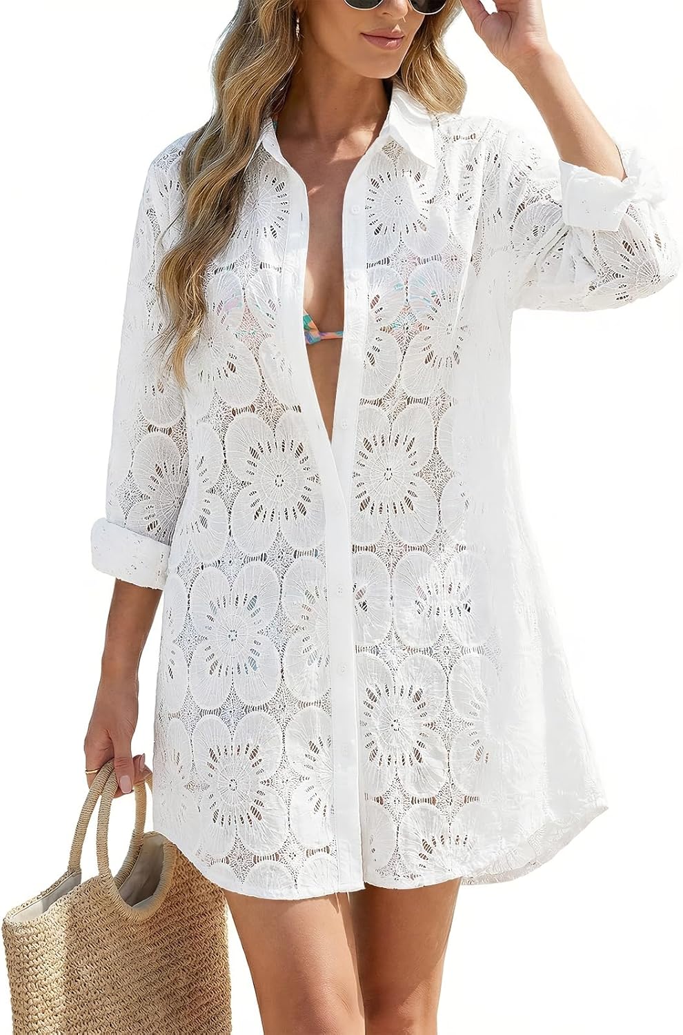 CiCiBird Women Swimsuit Coverup Blouse Eyelet Bathing Suit Cover Up Button Down Shirtdress Long Sleeve Beach Dresses