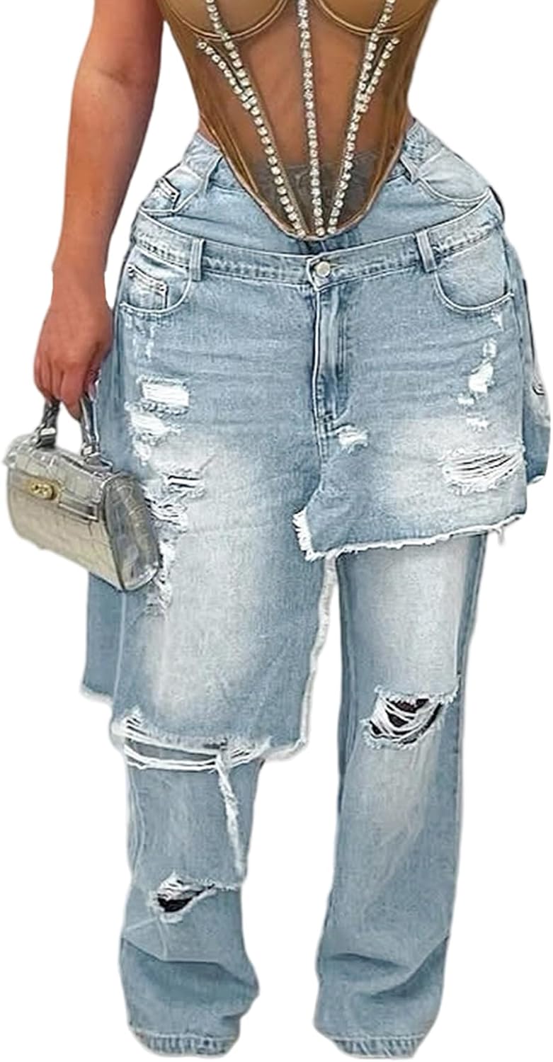 LKOUS Women’s Ripped Baggy Jeans High Waist Wide Leg Patchwork Distressed Cutout Stretchy Denim Pants Streetwear