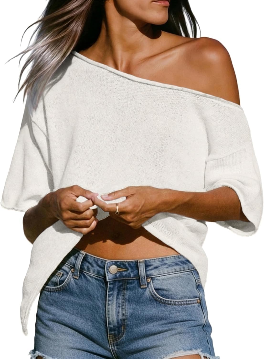 Womens Off The Shoulder Crochet Cover Ups 2026 Summer Short Sleeve Side Split Asymmetric Roll Hem Knit Tops