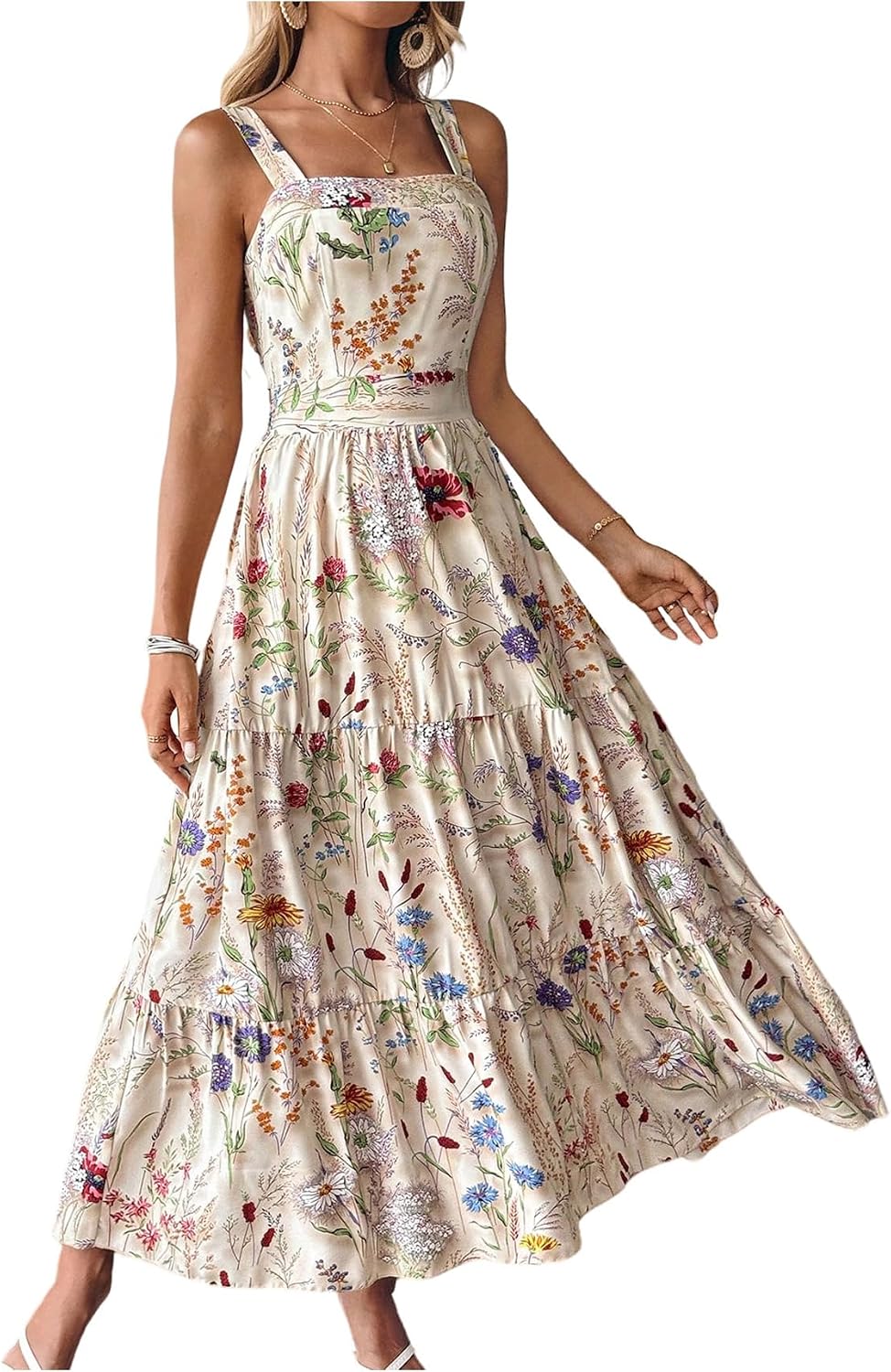 OYOANGLE Women’s Floral Sleeveless Ruffle Tiered Dress Bow Back Beach Vacation Maxi Sundress