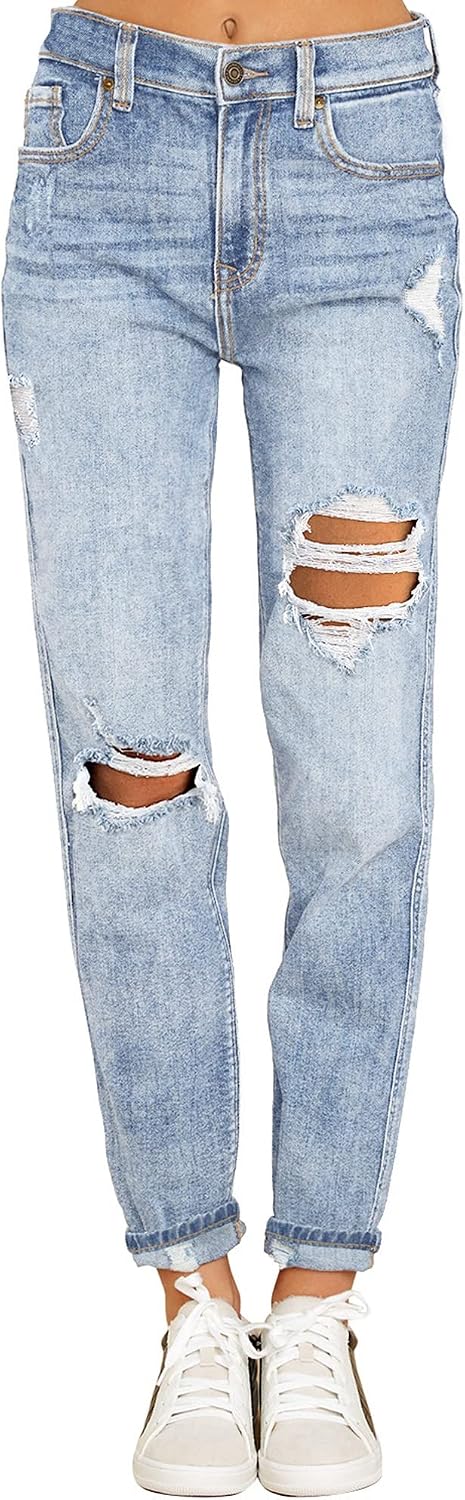 luvamia Boyfriend Jeans for Women Stretch High Waisted Ripped Distressed Mom Jeans Slim Denim Pants