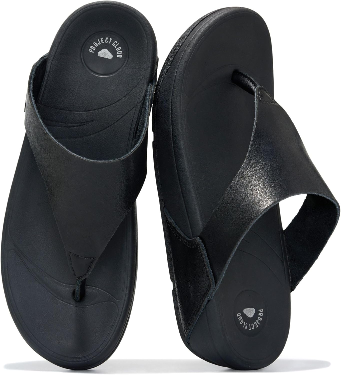 Project Cloud Genuine Leather Women’s Sandals – Thong Flip Flops with Plush Soft Insole, Arch Support & Non Slip Outsole – Comfortable Beach & Summer Slides (Arlo-BLK-9)