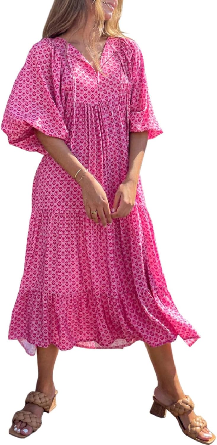 miduo Womens Loose Fit Casual Summer V Neck Half Sleeve Bohemian Geometric Pattern Maxi Long Dresses