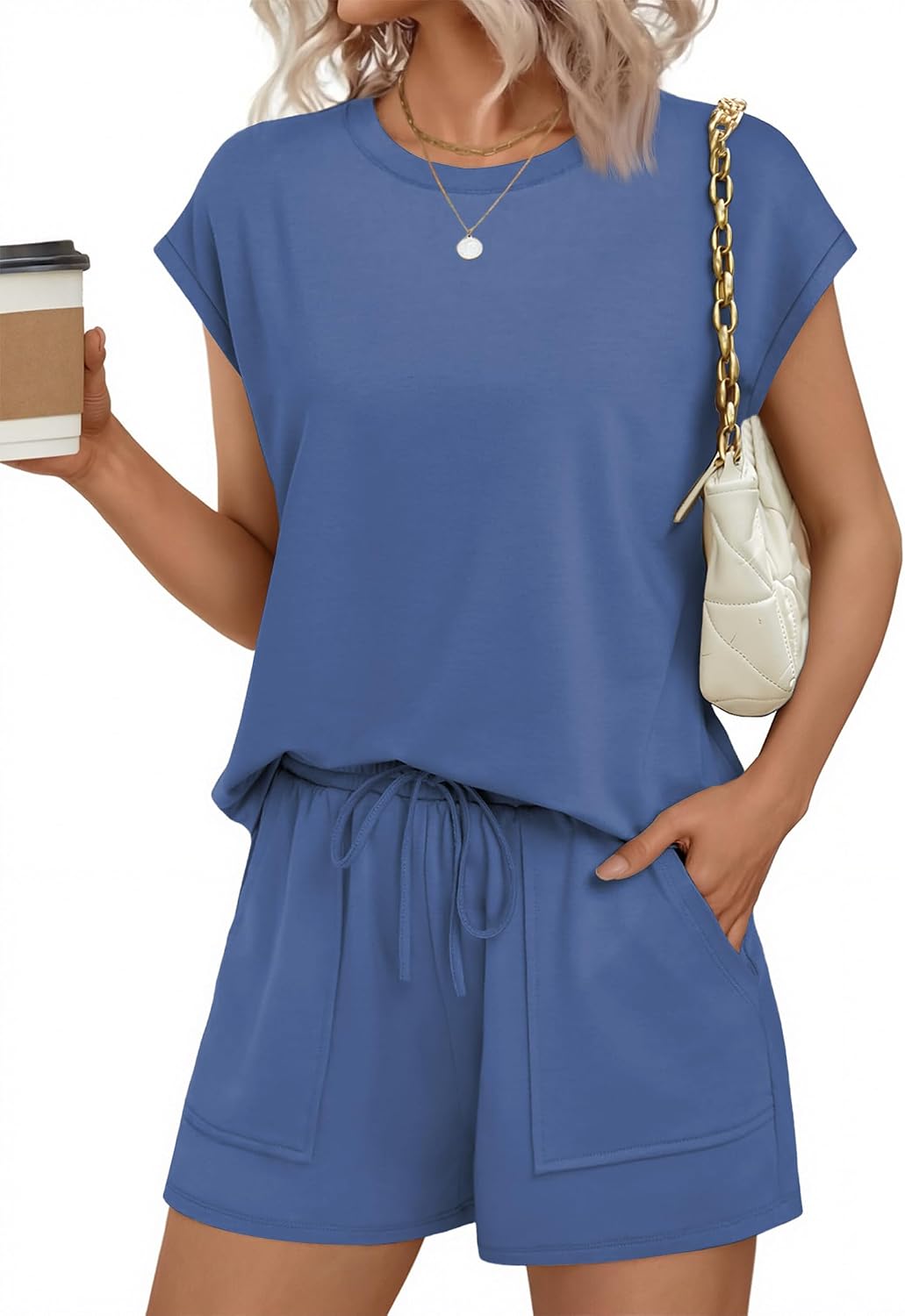 Ekouaer Two Piece Sets for Women Summer Crew Neck Lounge Short Sets Cap Sleeve Drawstring Vacation Outfits with Pocket