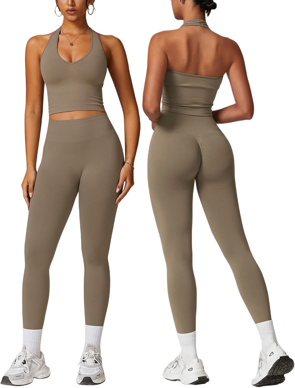 Workout Sets for Women 2 Piece Seamless Halter Tank Top Scrunch Butt Lifting High Waist Leggings Gym Sets Active Wear