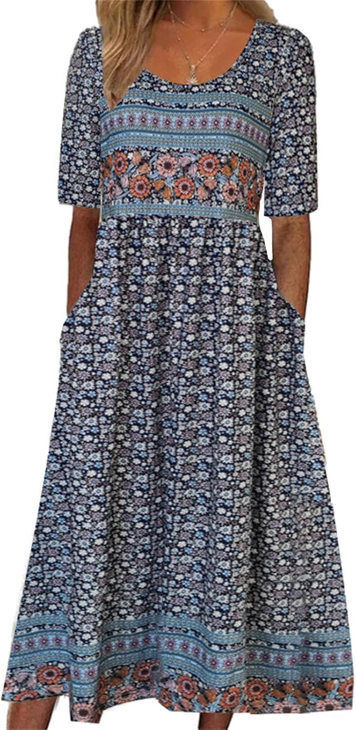 Women’s Boho Floral Pleated Dress Casual Summer Short Sleeve V Neck Maxi Dresses with Pockets