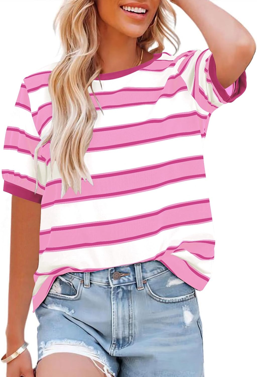 Womens Tops Cotton Casual Color Block Striped Short Sleeve Shirts Crewneck T Shirts Loose Basic Tee Blouses