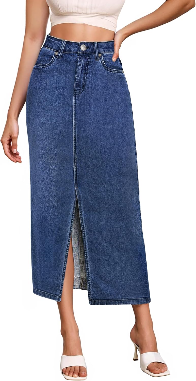 Hybrid & Company Women’s Long Denim Skirt – Stretch Jean Skirt for Office and Casual Wear