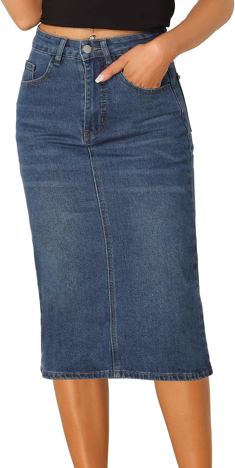 Allegra K Casual Denim Skirt for Women’s High Waist Split Back Pockets Midi Jean Skirts