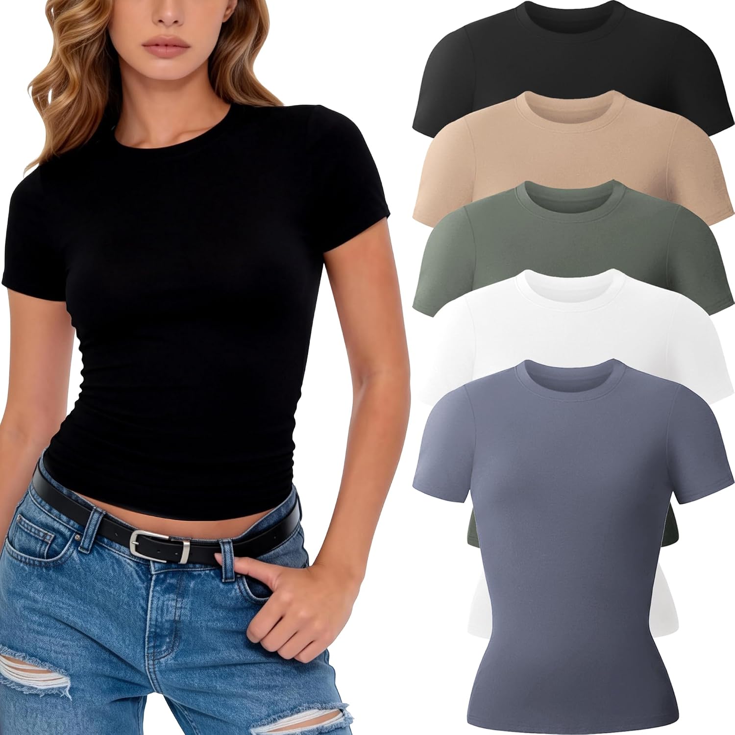 CE’ CERDR 3/5 Pack Womens T Shirts Crew Neck Short Sleeve Shirts for Women Casual Basic Tees Fitted Stretchy Layering Tops