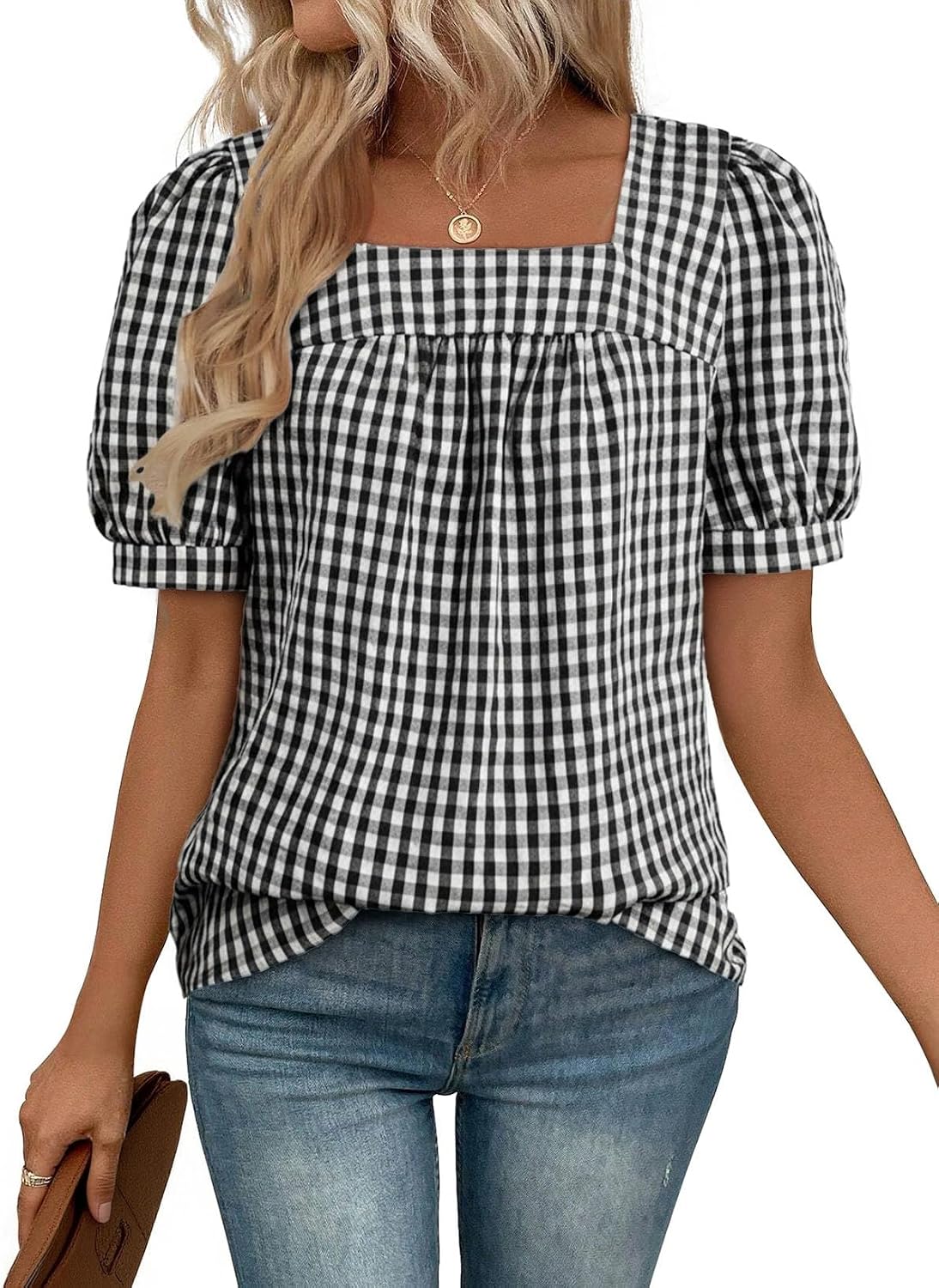 EVALESS Tops for Women Short Sleeve Tunic Blouse Square Neck Gingham Tops Cotton Blend Plaid Shirt Cute Checkered Shirt