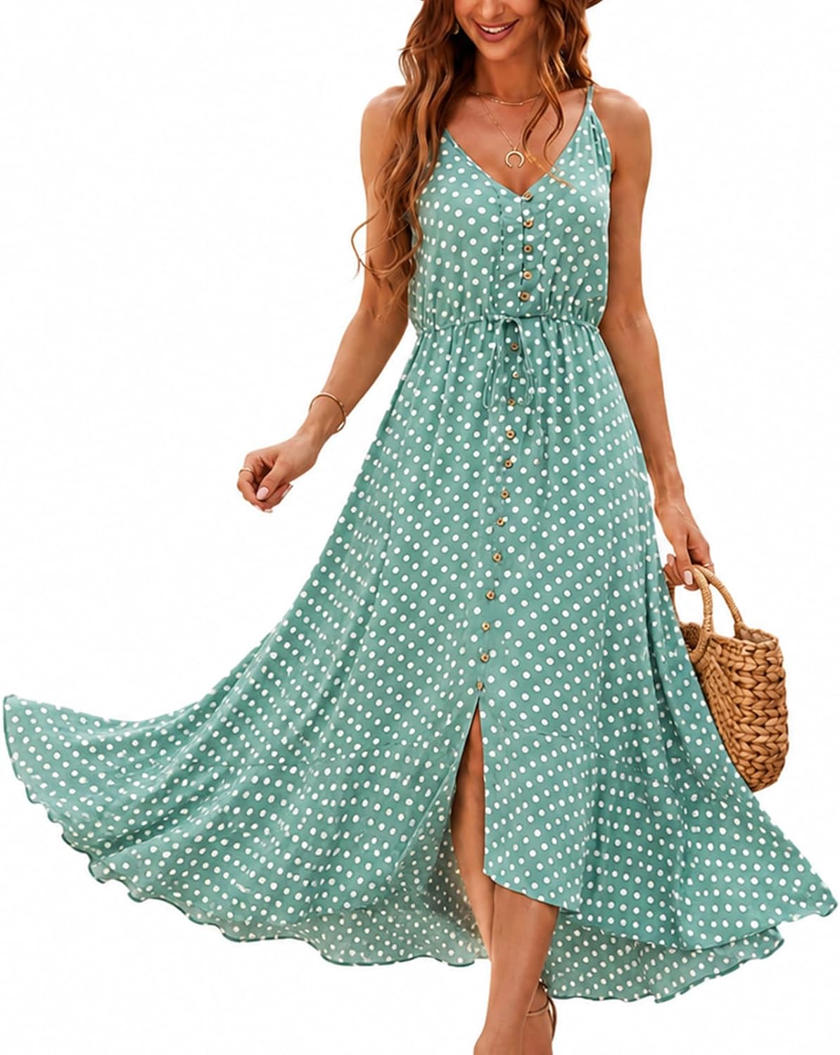 BROVAVE Women’s 2026 Summer Casual Boho Sundress Polka Dot Spaghetti Strap V Neck Flowy Midi Dresses