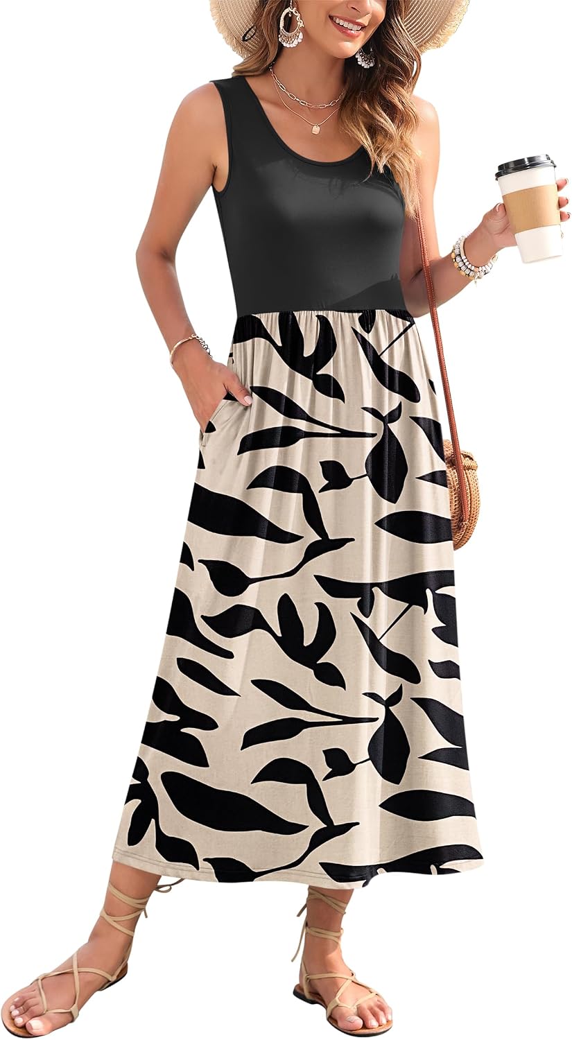 WNEEDU Women’s Summer Maxi Dress 2026 Casual Sleeveless Hawaiian Sundress Tropical Long Dress Beach Vacation Outfit