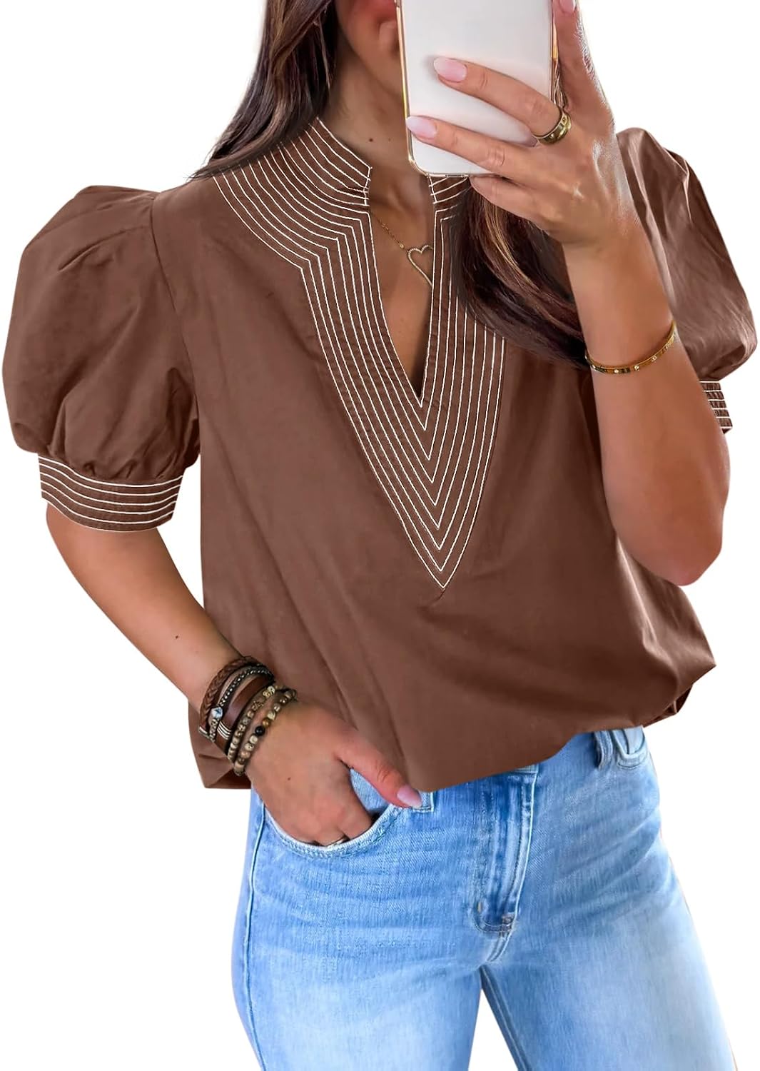 Cicy Bell Womens Puff Short Sleeve Blouses Summer Casual Dressy V Neck Contrast Stitch Tops Loose Fit Shirts