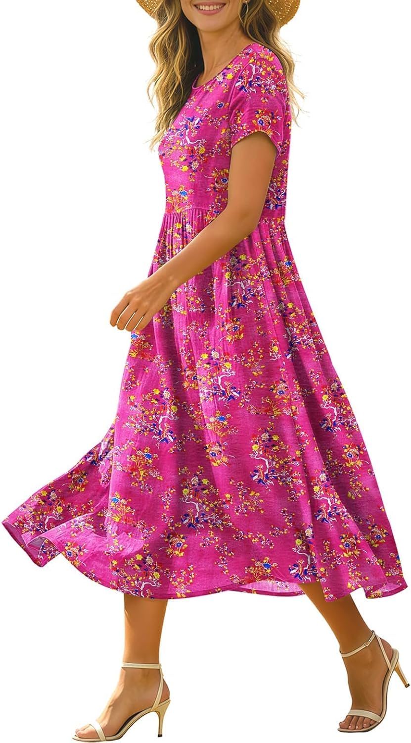 Women’s Summer Casual Loose Dresses Cotton Boho Floral Midi Dress for Women Beach Vacation with Pockets HD1