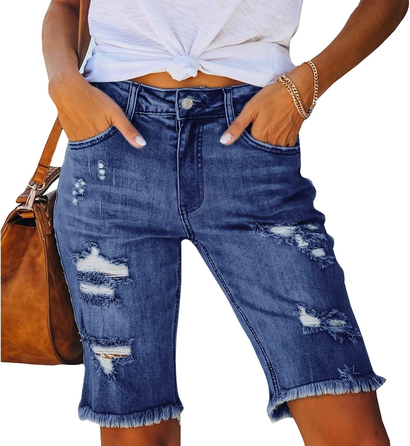 LONGYIDA Women’s High Waist Distressed Denim Bermuda Shorts | Jean Shorts,Ripped,Distressed,Knee Length,Stretch,Y2K,Frayed Raw Hem,Slim Fit