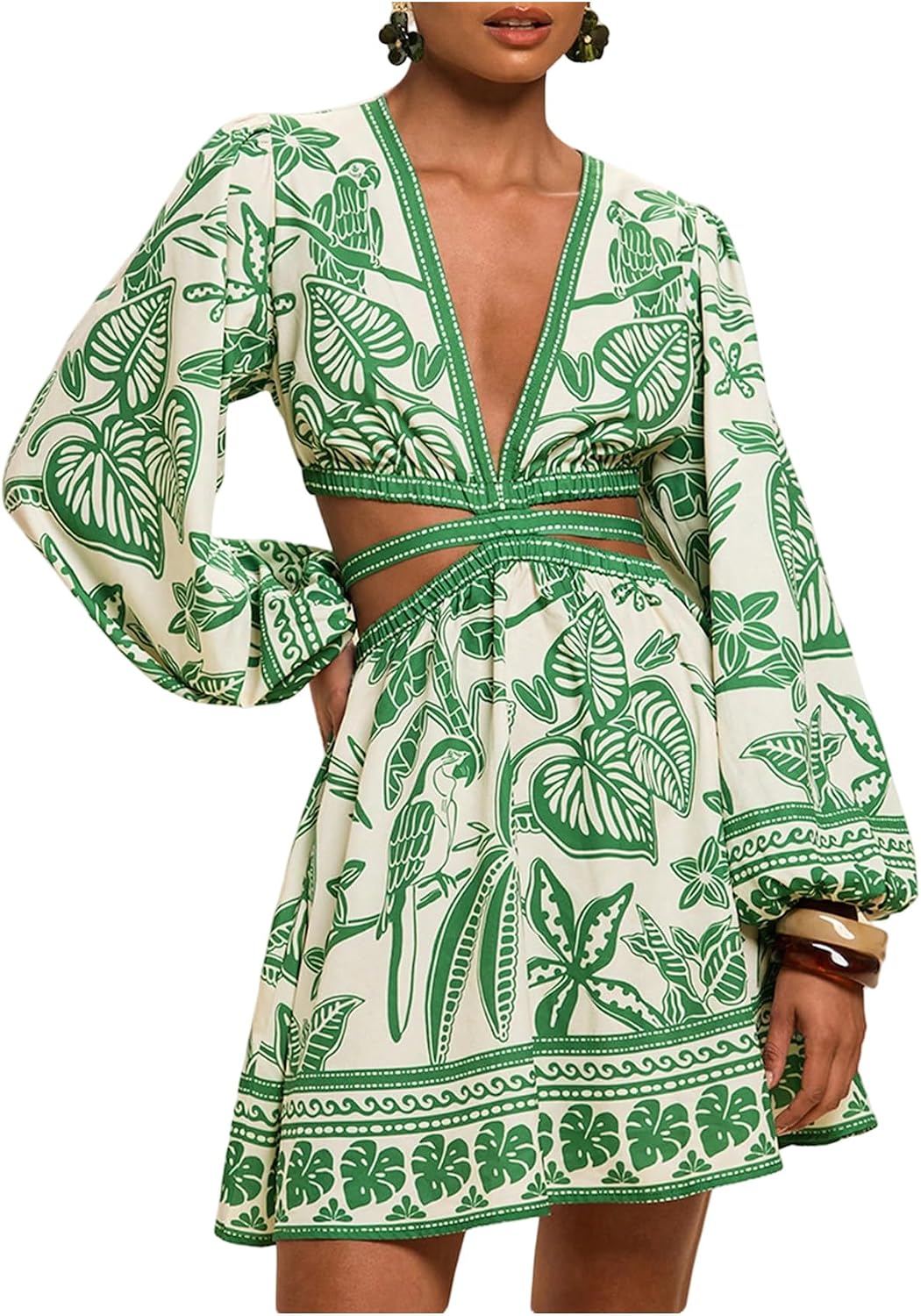 Floerns Women’s Tropical Bishop Sleeve Mini Dress Cut Out Tie Back V Neck Beach A Line Dresses