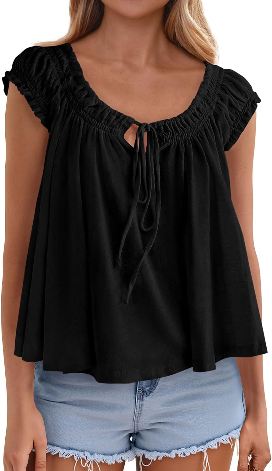 PRETTYGARDEN Women Babydoll Tops 2026 Summer Clothes Cap Sleeve Tie Front Flowy Tank Top Peplum Blouses Cute Going Out Shirts