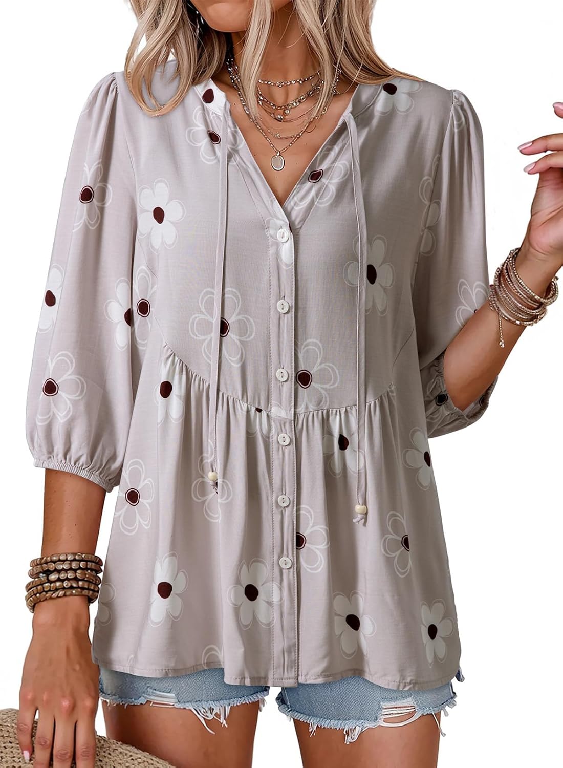 Dokotoo Womens Summer Tops Boho Floral Short Sleeve Button Down V Neck Peplum Babydoll Casual Loose Blouses Shirts
