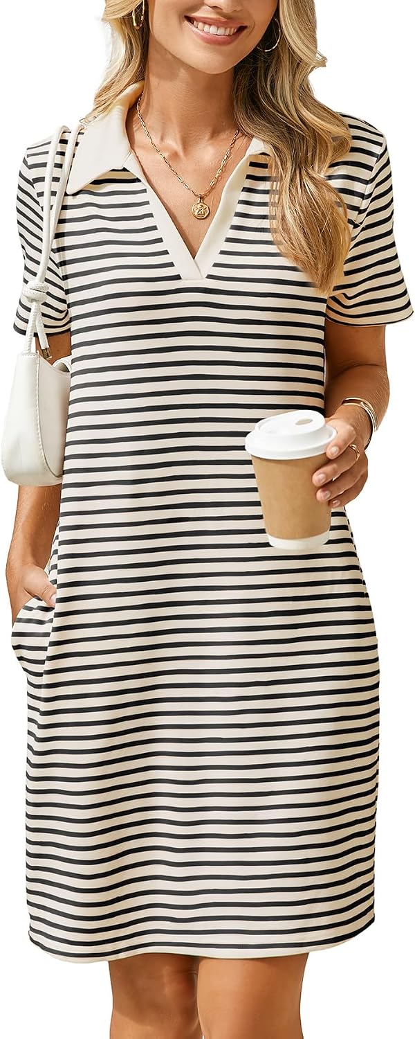 Glamaker Women T Shirt Summer Dress Casual Business Mini Loose V-Neck Short Sleeve Striped Dresses Pockets 2025 Trendy