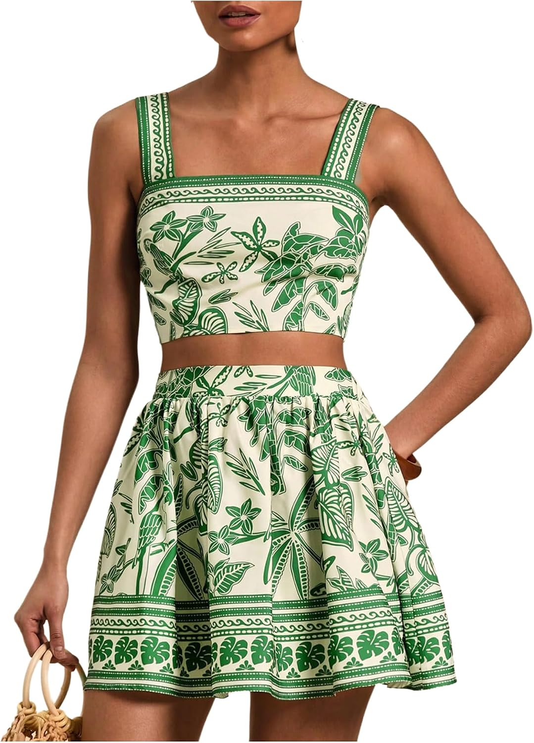 Floerns Women’s Two Piece Outfit Tropical Crop Cami Top and Summer Skirts Set