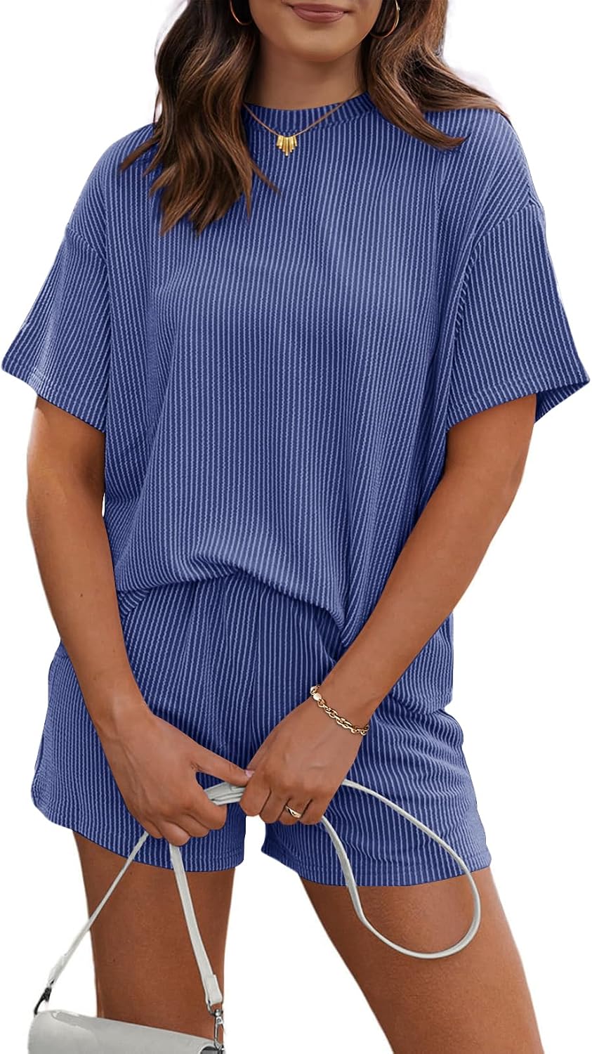 RUBZOOF Women’s 2 Piece Sets Short Sleeve Outfits Ribbed Textured Knit Lounge Shorts Set Oversized Tracksuit Matching Sets
