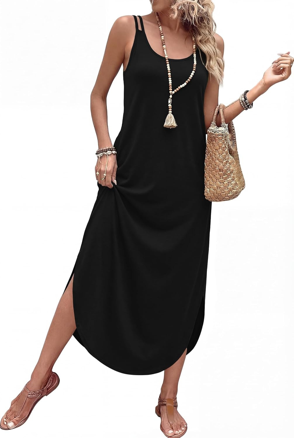 WIHOLL Summer Dresses for Women Spaghetti Strap Maxi Dress Scoop Neck Casual Boho Sundresses Beach Vacation Outfits Pockets
