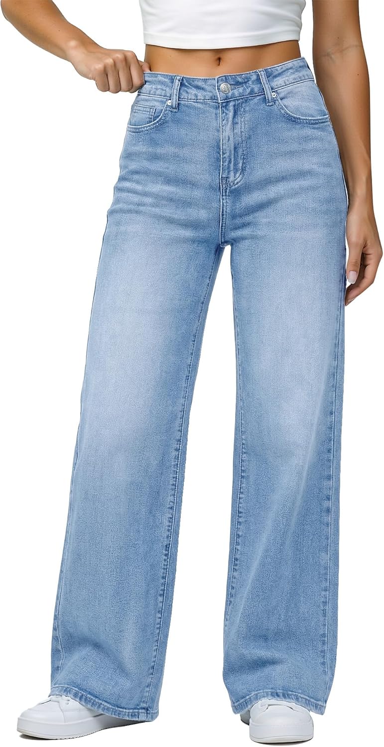 GRAPENT Wide Leg Jeans for Women Trendy High Waisted Stretchy Denim Pants 90s Baggy Jeans Trouser Jeans with Pockets