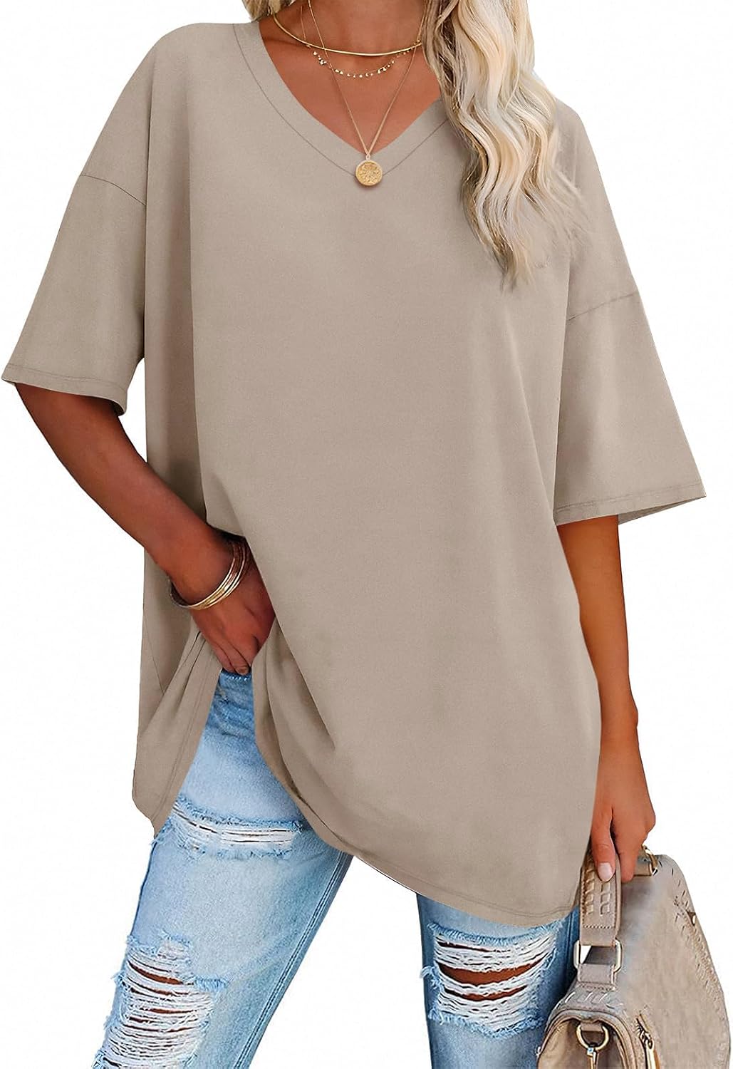 Ebifin Womens Oversized Tshirts V Neck Tee Shirts Half Sleeve Loose Fit T Shirt Cotton Tunic Tops