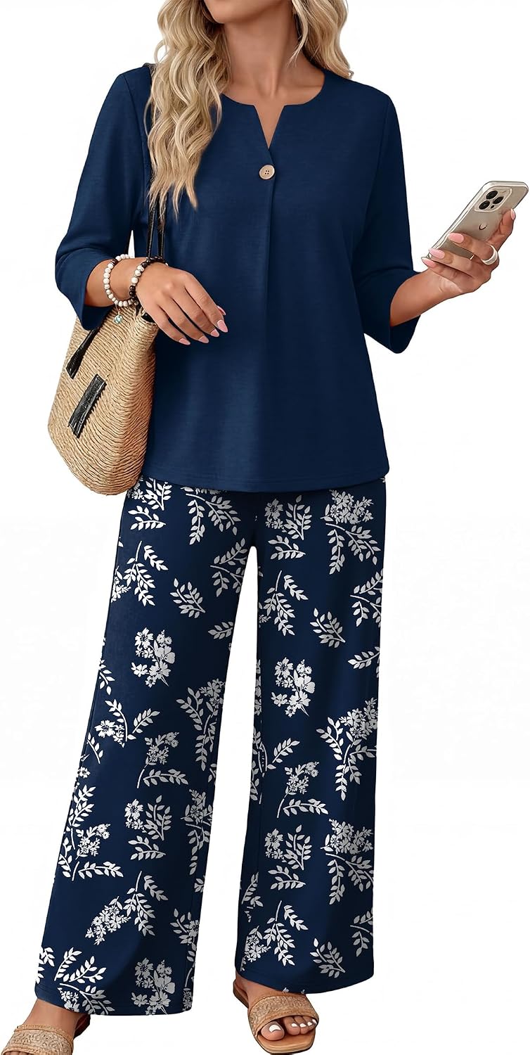 WIHOLL Two Piece Sets for Women 3/4 Length Sleeve Lounge Sets Summer Spring Vacation Travel Outfits Fashion Clothing