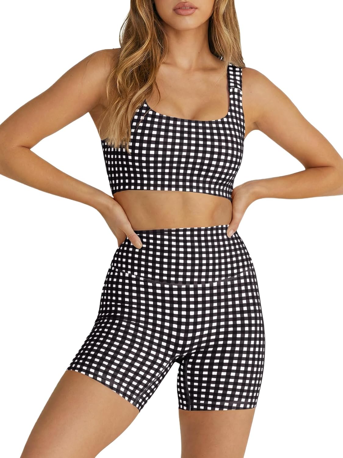 Aoysky Womens Workout Gingham 2 Piece Outfits Padded Open Back Crop Tank High Waist Sports Shorts Sets Yoga Matching Sets