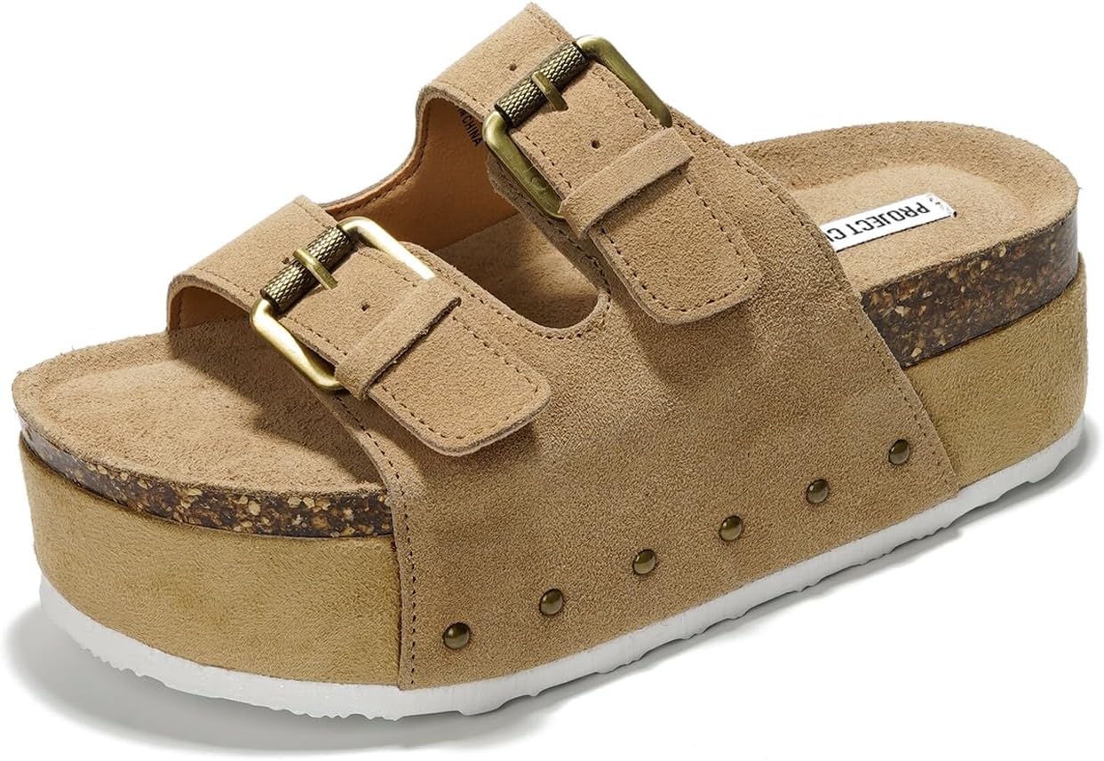 Project Cloud 100% Genuine Leather Platform Sandals Women – Memory Foam Insole with Two-Buckle – Non-Slip and Comfortable Wedge Sandals for Women 2026 (Oliy)