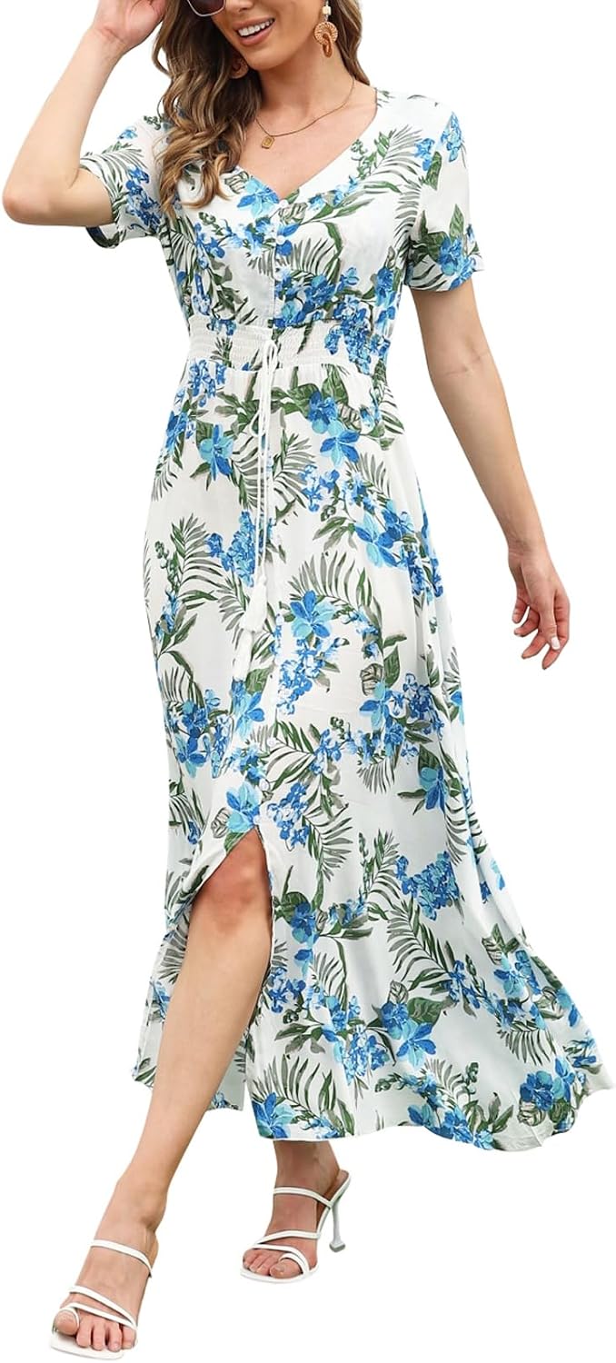 Women’s Boho Floral Maxi Dress Summer Button Up Split Flowy Beach Party Dress
