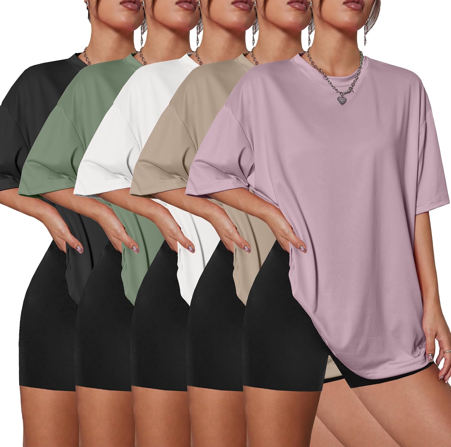 Kinglaman 5 Pack Womens Oversized T Shirts Crew Neck Loose Fit Short Sleeve Tshirts Summer Workout Plus Size Tee Tops