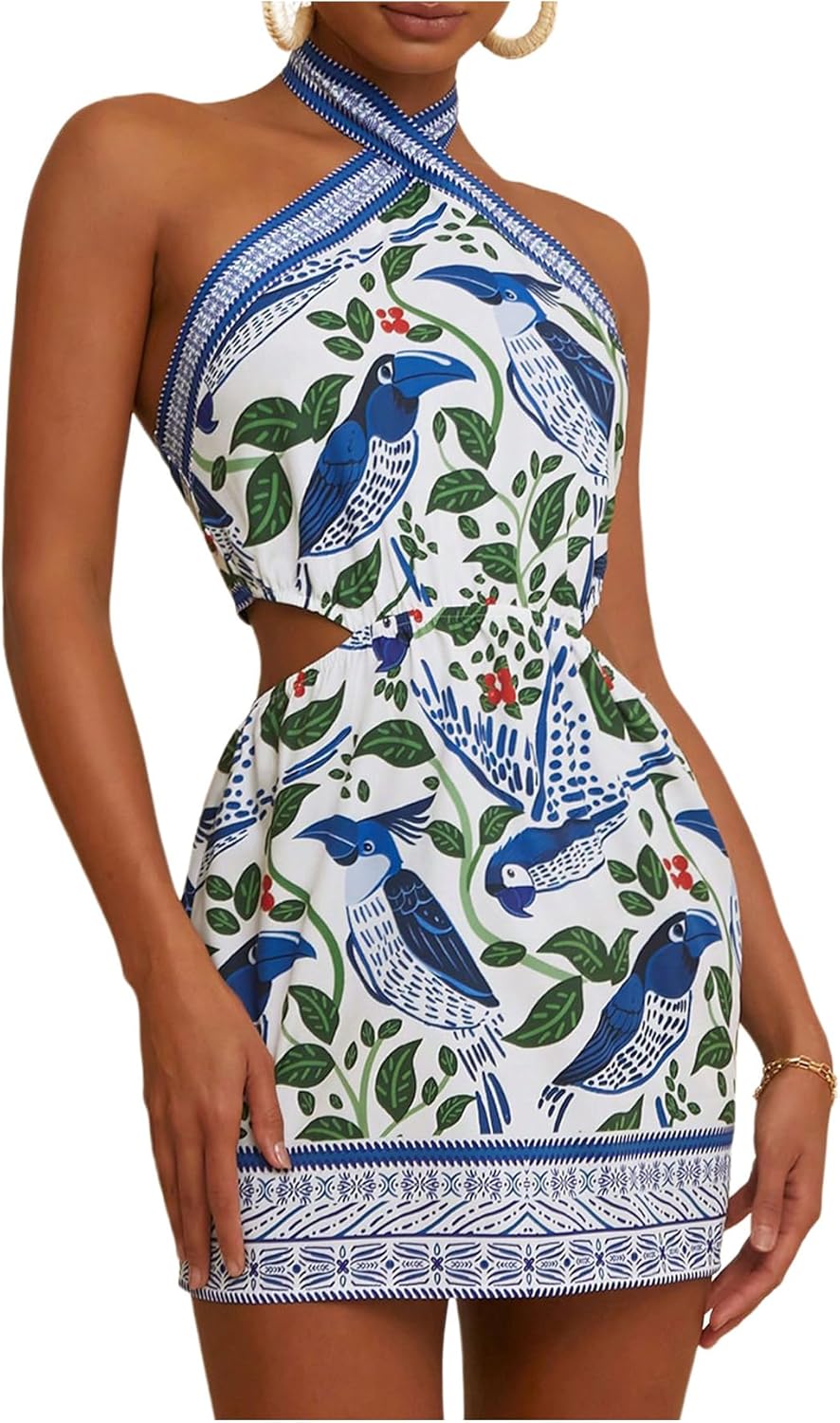 MakeMeChic Women’s Boho Mini Dress Summer Beach Vacation Halter Dresses Floral Sundress